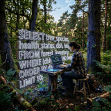 Researcher using laptop to analyze forest health data in woodland